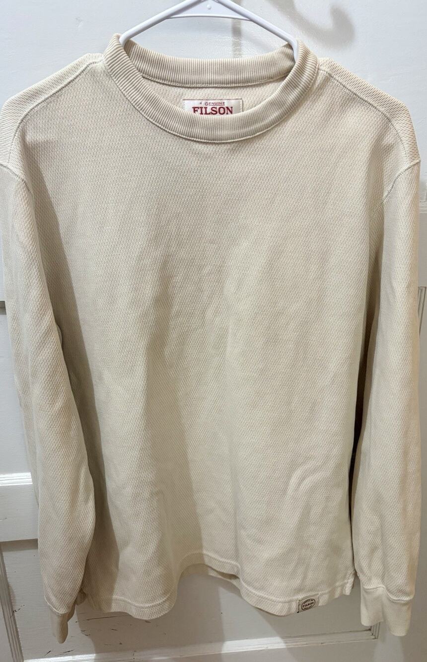 CC Filson Mens Medium Med Waffle Knit Thermal Long Sleeve Shirt Cream Crewneck
